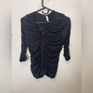 Black Stretch Knit Ruched V-Neck Top  mng